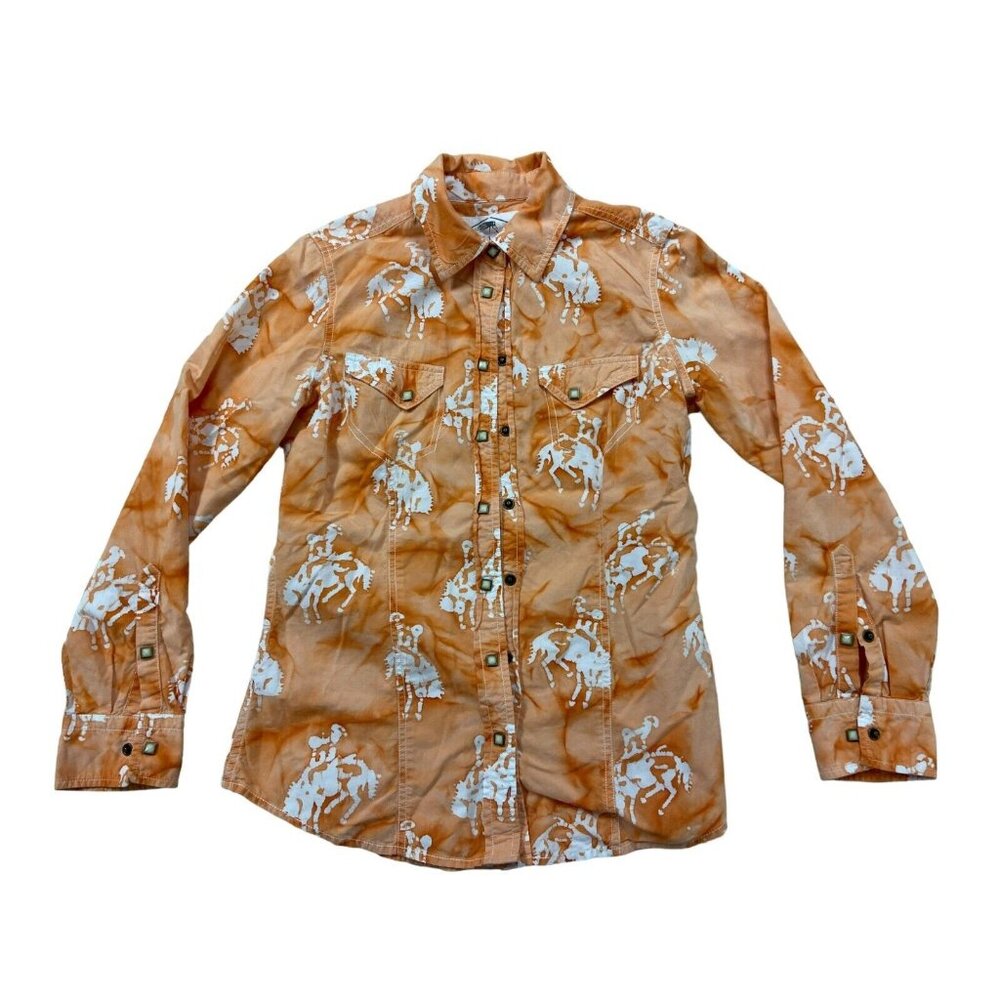 Barn Fly Shirt Womens Small Orange Cotton Long Sleeve Button Up All Over Vintage